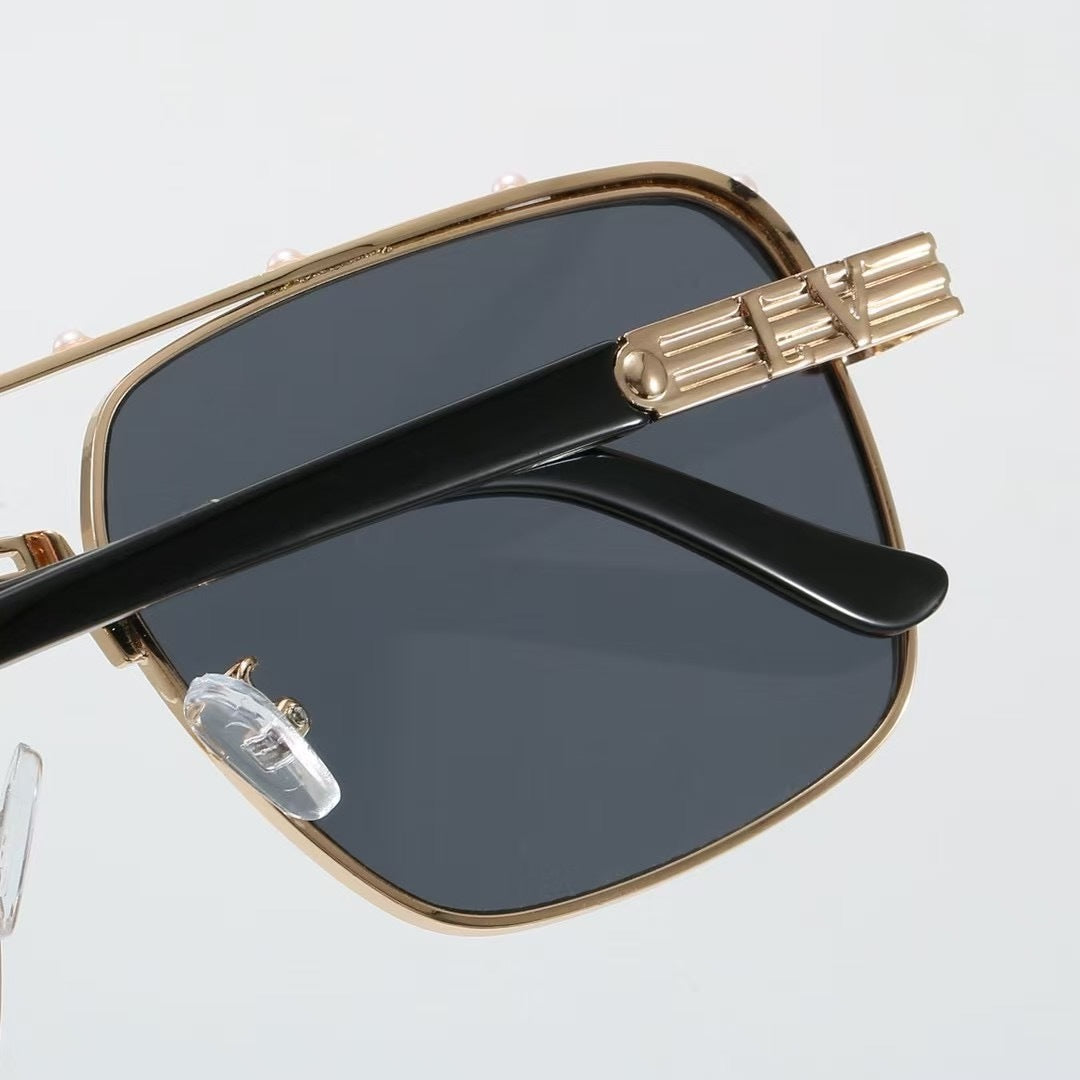 Riveted Double Bridge Metal Square Sunglasses