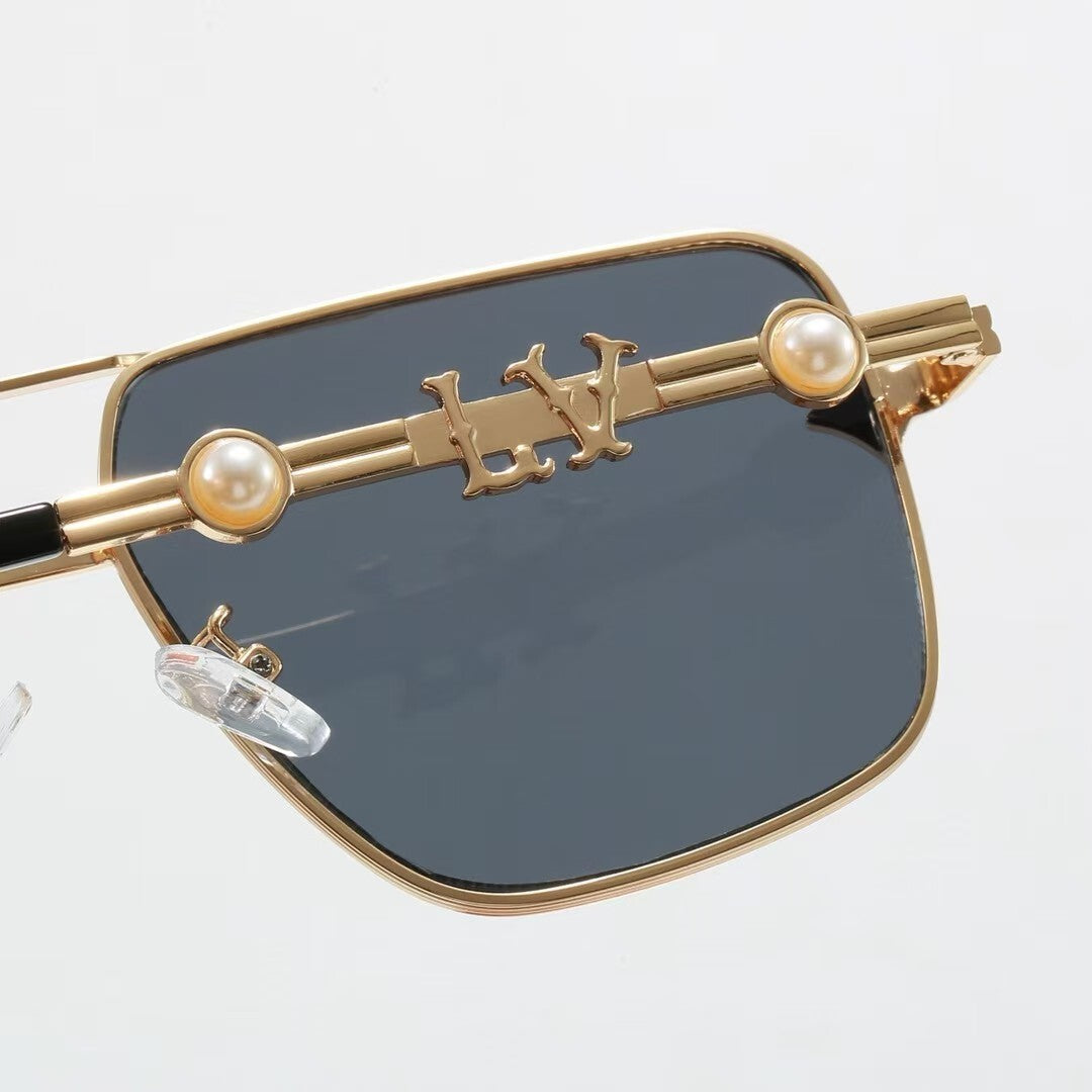 Metal Double Bridge Square Sunglasses with Pearl & Monogram Details