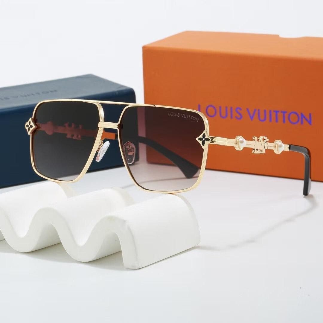 Metal Double Bridge Square Sunglasses with Pearl & Monogram Details