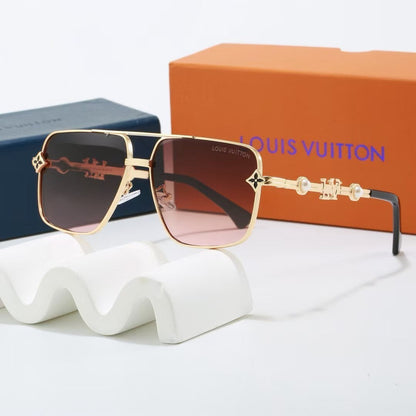 Metal Double Bridge Square Sunglasses with Pearl & Monogram Details