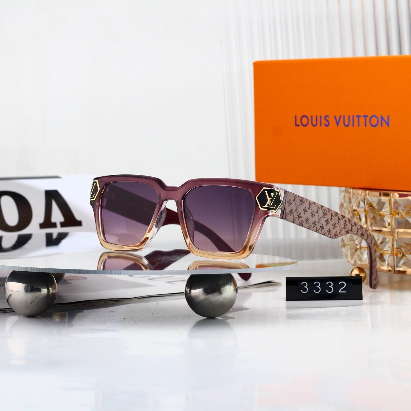 Square Frame Sunglasses with Monogram Temples and Metal Logo 3332