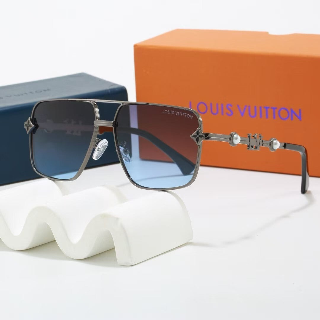 Metal Double Bridge Square Sunglasses with Pearl & Monogram Details