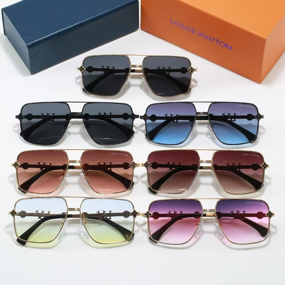Metal Double Bridge Square Sunglasses with Pearl & Monogram Details