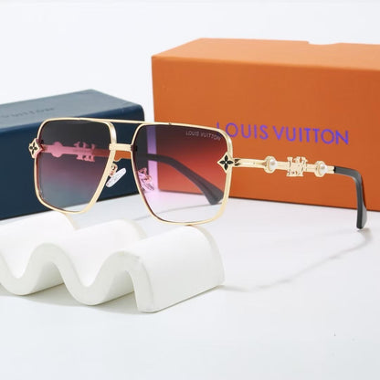 Metal Double Bridge Square Sunglasses with Pearl & Monogram Details