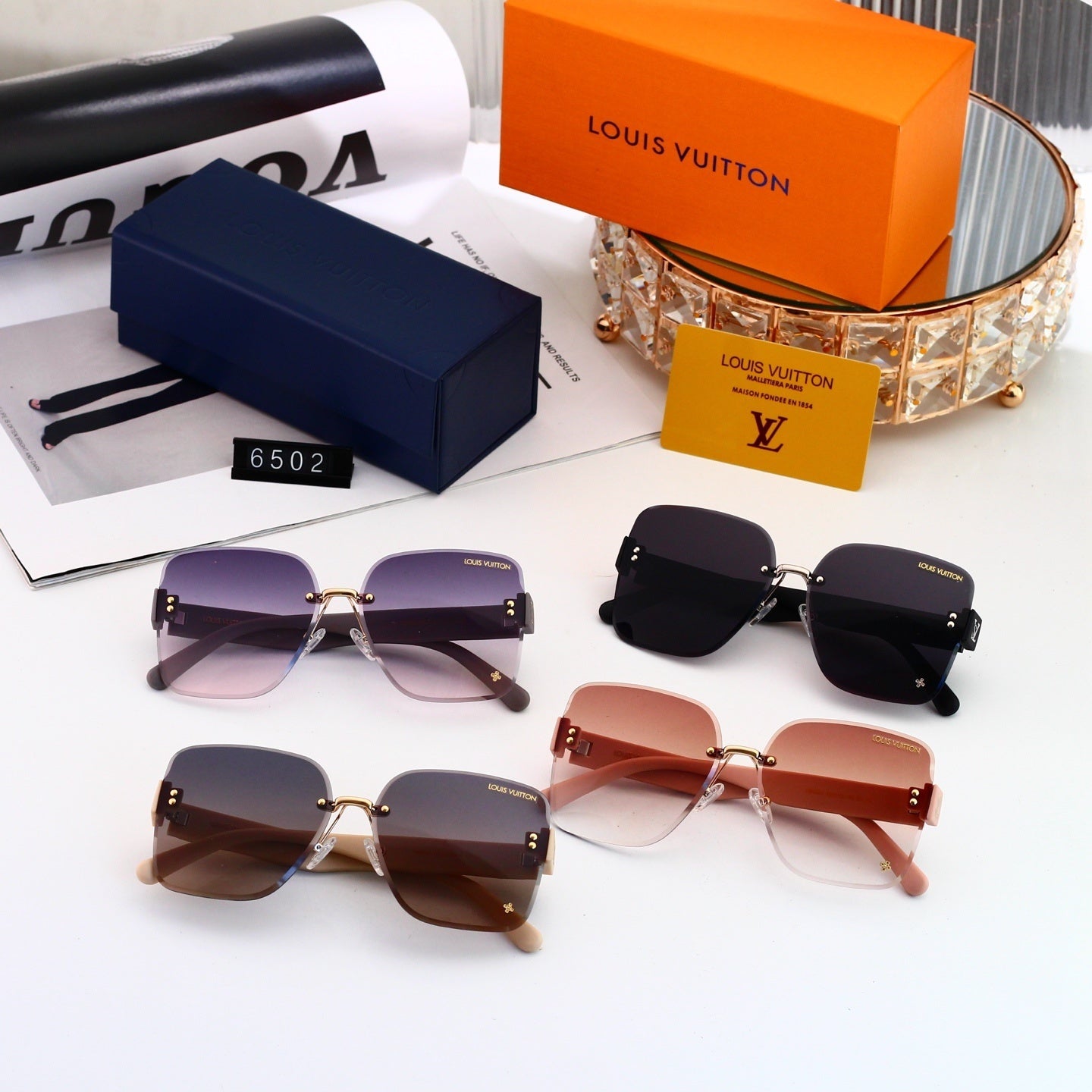 Rimless Sunglasses with Patterned Temples 6502