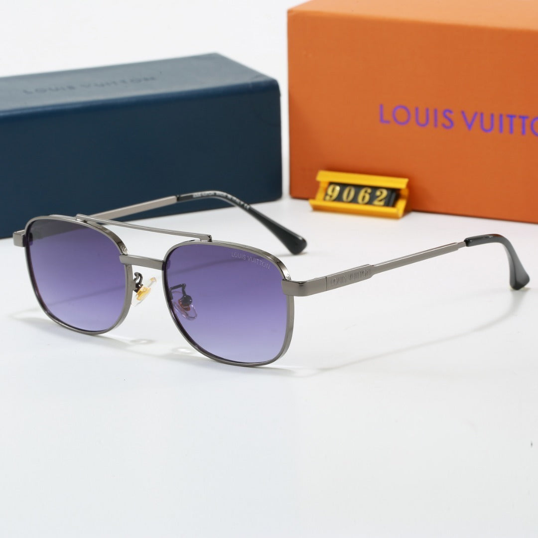 Metal Double Bridge Square Sunglasses with Monogram Temples  9062
