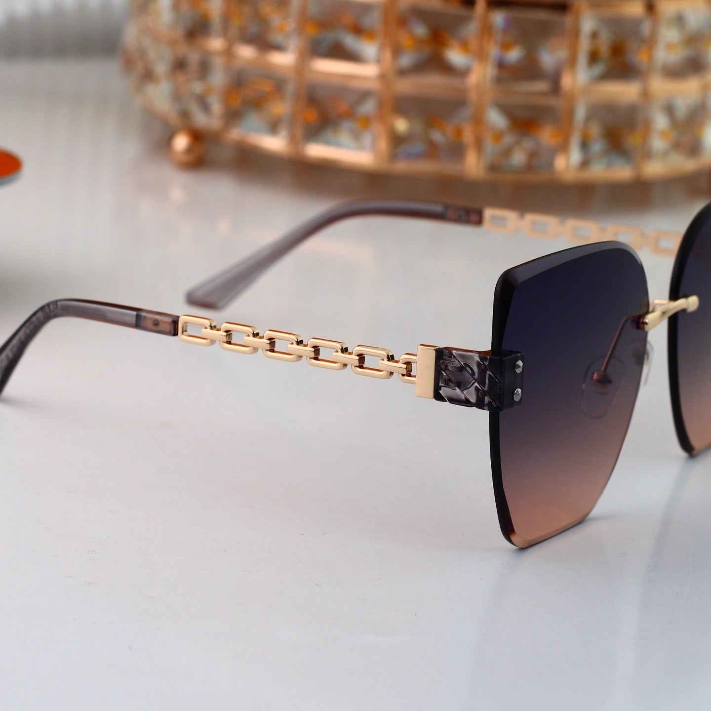 Chain Glow Rimless Sunglasses with Metal Chain Detail (Model 3400)