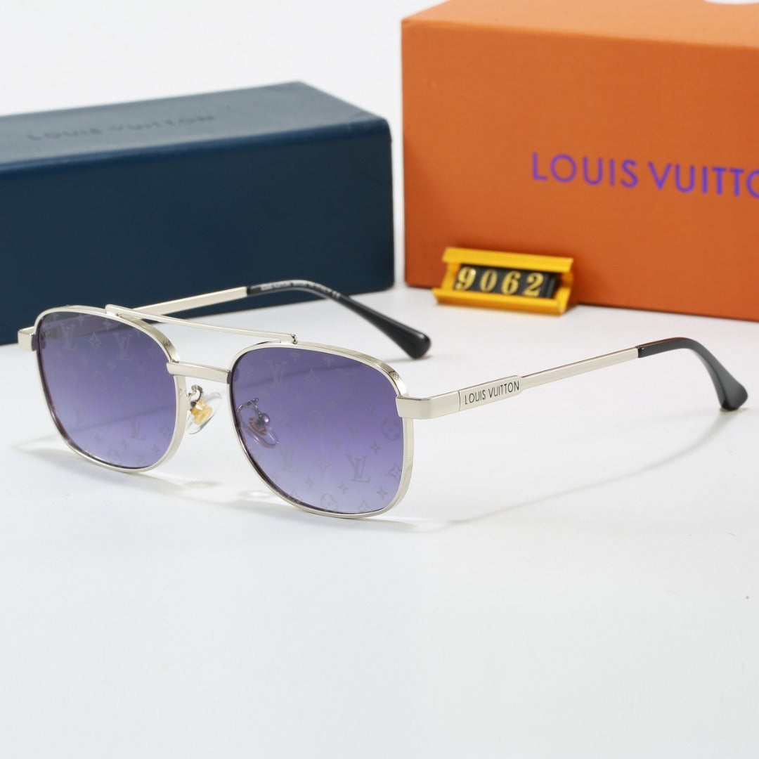 Metal Double Bridge Square Sunglasses with Monogram Temples  9062
