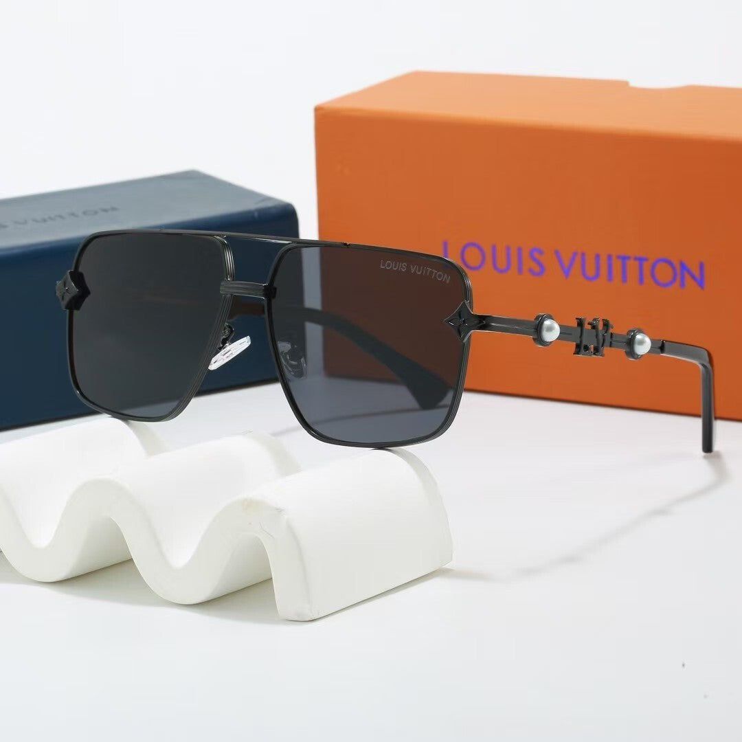 Metal Double Bridge Square Sunglasses with Pearl & Monogram Details