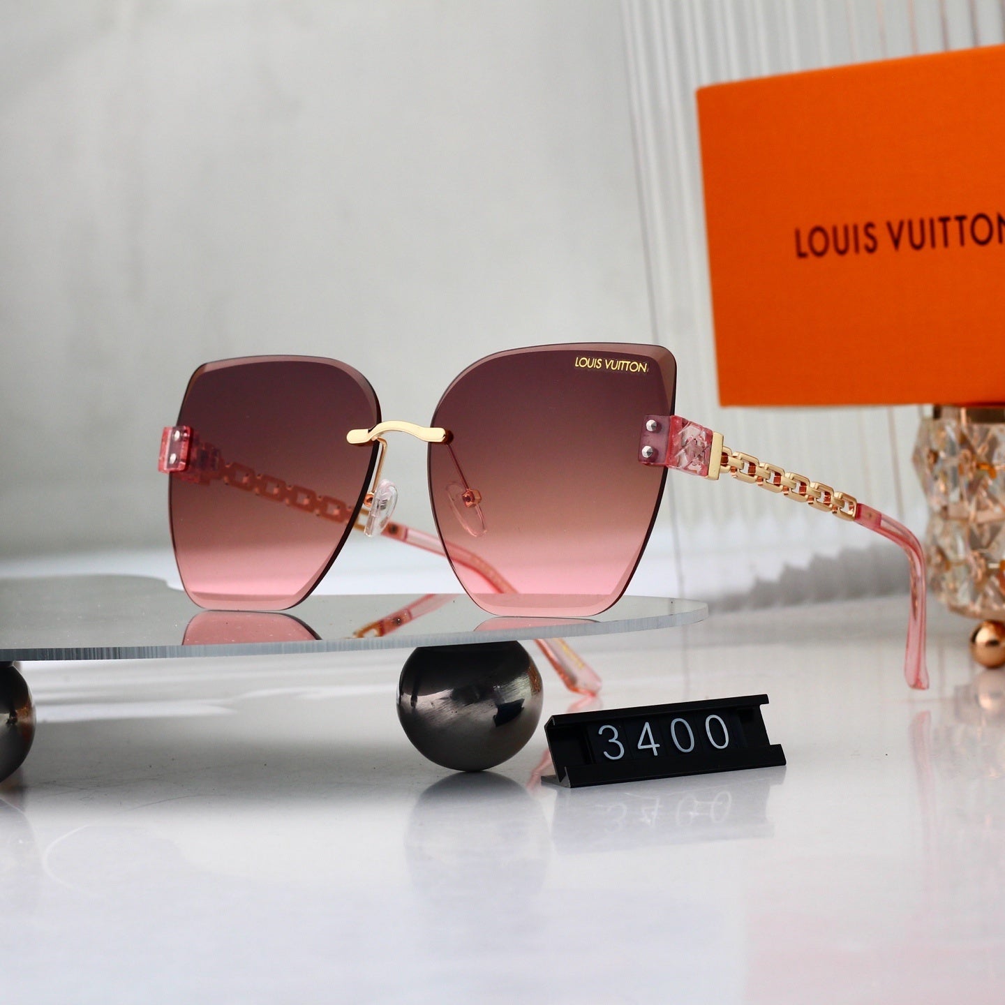 Chain Glow Rimless Sunglasses with Metal Chain Detail (Model 3400)