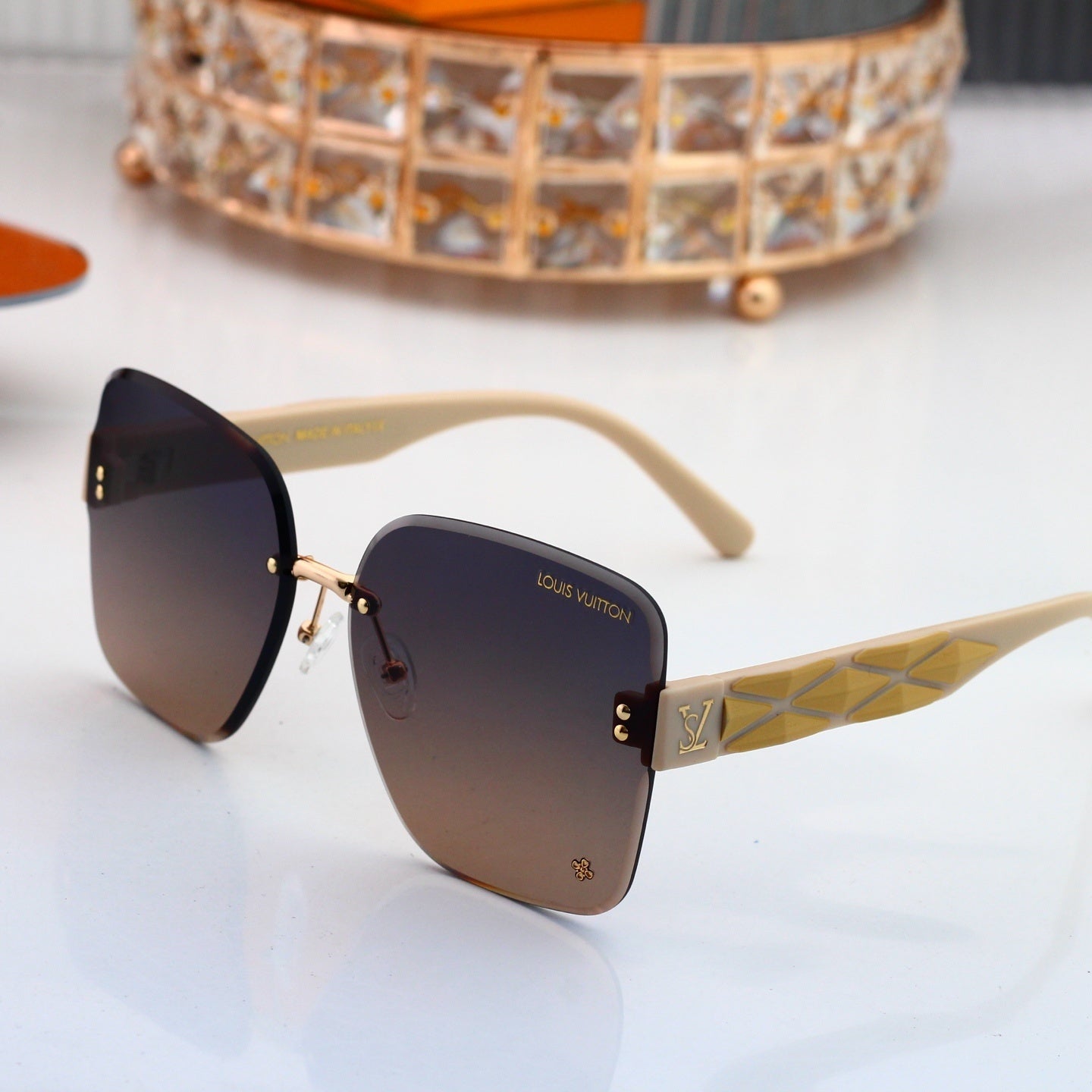 Rimless Sunglasses with Patterned Temples 6502