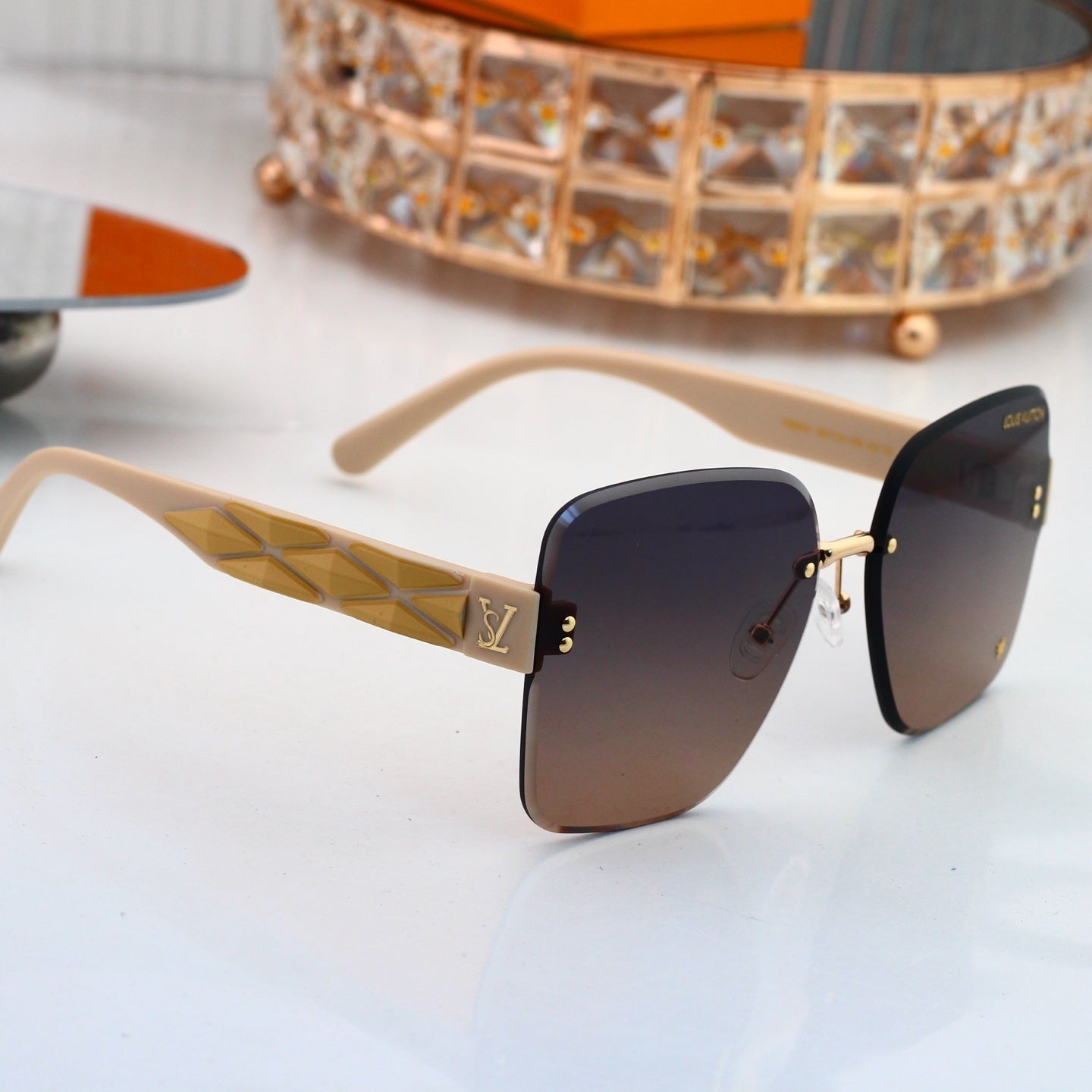 Rimless Sunglasses with Patterned Temples 6502