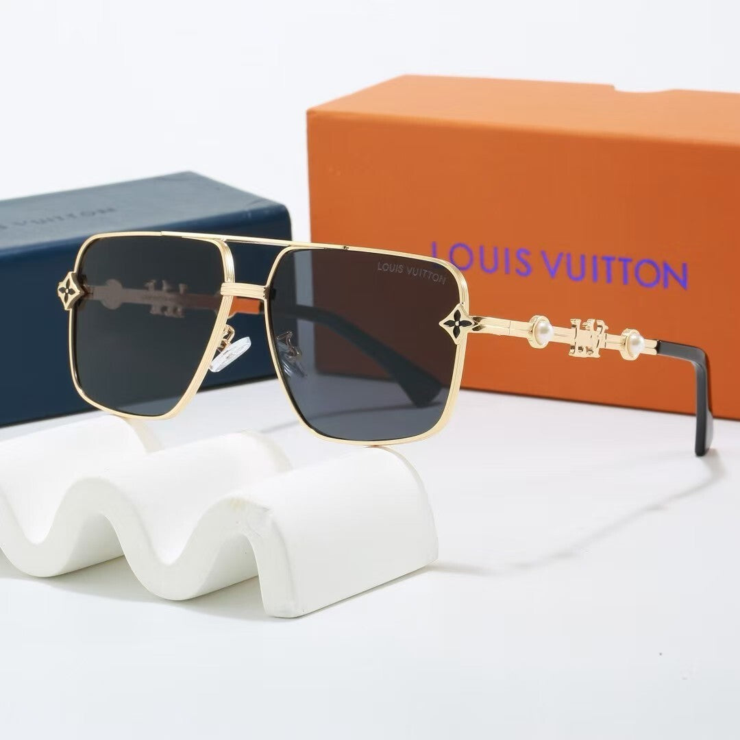 Metal Double Bridge Square Sunglasses with Pearl & Monogram Details